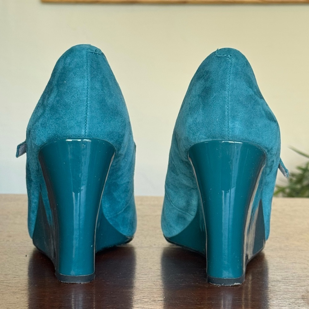 Vince Camuto Mary Jane Wedge Heels Magie Suede Leather Teal Blue/Green | Size 8 - Picture 7 of 10